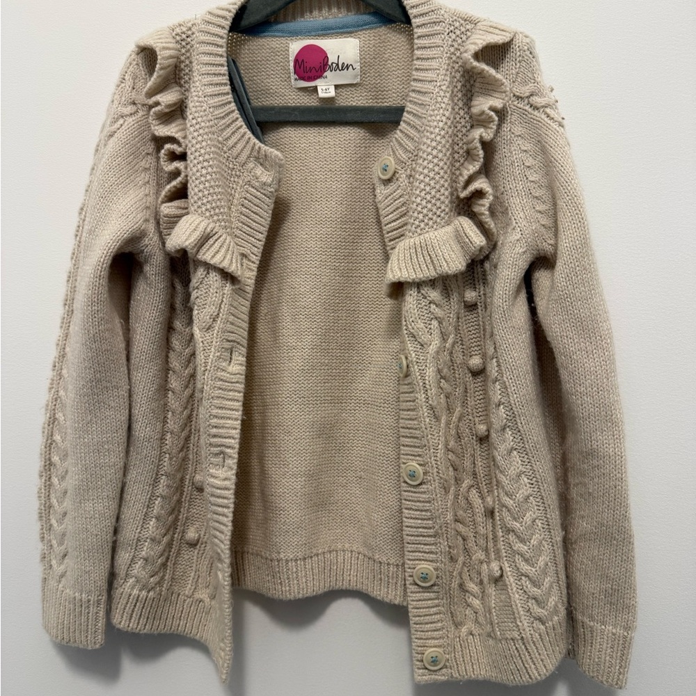 Mini Boden Girls Cream Knit Ruffle Cardigan Sweater